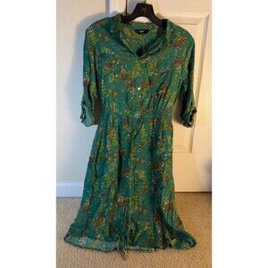 Max Women's Green Botanical Floral Button Front Shirt Dress XS 8 Roll Tab Sleeve